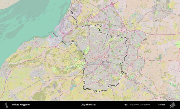 Bristol şehri. Birleşik Krallık 'ın bir OpenStreetMap Standart biçim haritasında özetlenmiş idari alanı