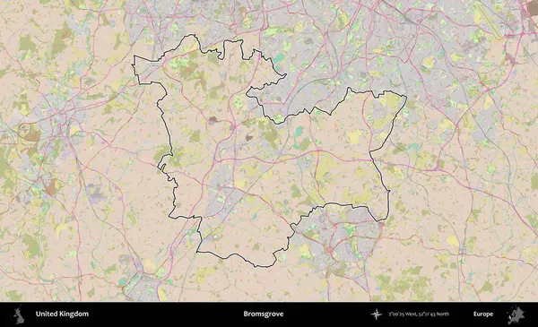 Bromsgrove 'da. Birleşik Krallık 'ın bir OpenStreetMap Standart biçim haritasında özetlenmiş idari alanı