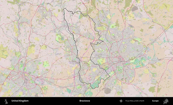 Broxtowe. Birleşik Krallık 'ın bir OpenStreetMap Standart biçim haritasında özetlenmiş idari alanı