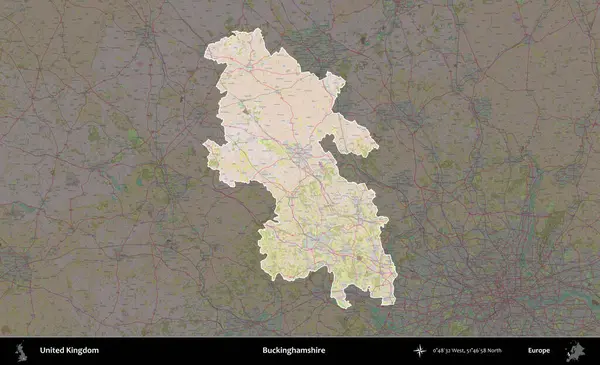 Buckinghamshire 'da. Birleşik Krallık 'ın idari alanı koyu renk bir OpenStreetMap Standart Haritası üzerine vurgulanmış ve özetlenmiştir