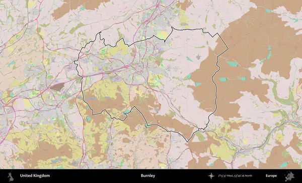 Burnley. Birleşik Krallık 'ın bir OpenStreetMap Standart biçim haritasında özetlenmiş idari alanı