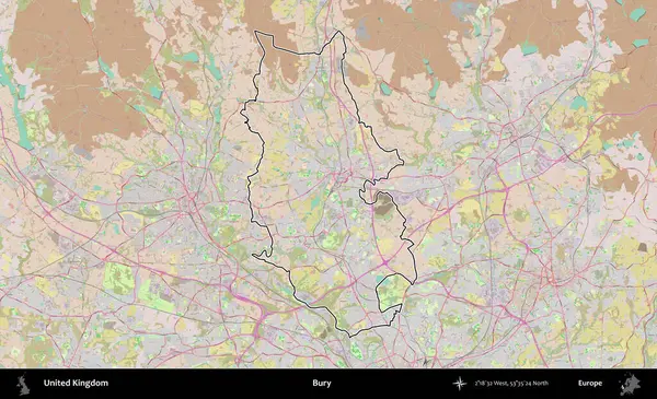 Gömmek. Birleşik Krallık 'ın bir OpenStreetMap Standart biçim haritasında özetlenmiş idari alanı
