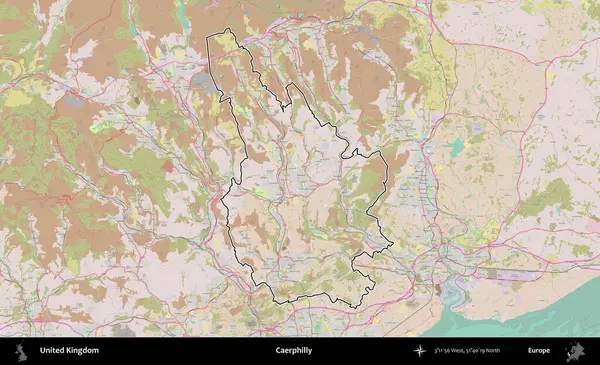 Caerphilly 'de. Birleşik Krallık 'ın bir OpenStreetMap Standart biçim haritasında özetlenmiş idari alanı