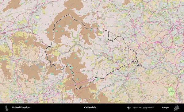 Calderdale 'de. Birleşik Krallık 'ın bir OpenStreetMap Standart biçim haritasında özetlenmiş idari alanı