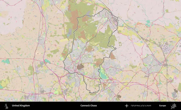 Cannock Chase. Birleşik Krallık 'ın bir OpenStreetMap Standart biçim haritasında özetlenmiş idari alanı