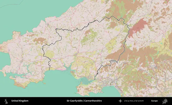 Sör Gaerfyrddin / Carmarthenshire. Birleşik Krallık 'ın bir OpenStreetMap Standart biçim haritasında özetlenmiş idari alanı
