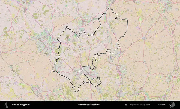 Bedfordshire Merkez. Birleşik Krallık 'ın bir OpenStreetMap Standart biçim haritasında özetlenmiş idari alanı