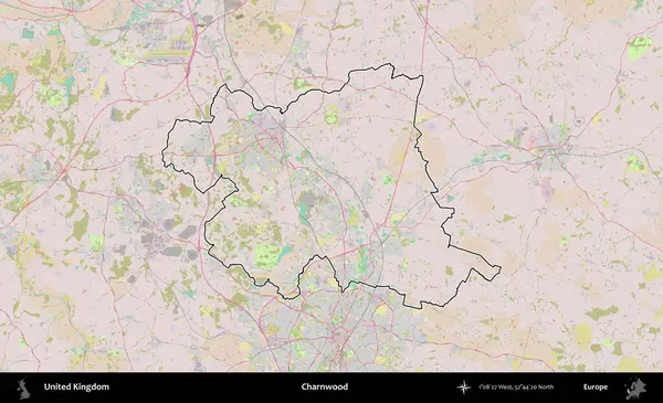 Charnwood 'da. Birleşik Krallık 'ın bir OpenStreetMap Standart biçim haritasında özetlenmiş idari alanı