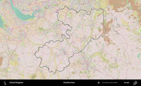 Doğu Cheshire. Birleşik Krallık 'ın bir OpenStreetMap Standart biçim haritasında özetlenmiş idari alanı