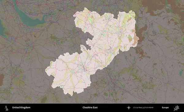 Doğu Cheshire. Birleşik Krallık 'ın idari alanı koyu renk bir OpenStreetMap Standart Haritası üzerine vurgulanmış ve özetlenmiştir
