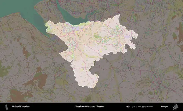 Cheshire West ve Chester. Birleşik Krallık 'ın idari alanı koyu renk bir OpenStreetMap Standart Haritası üzerine vurgulanmış ve özetlenmiştir