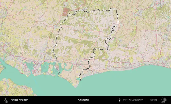 Chichester. Birleşik Krallık 'ın bir OpenStreetMap Standart biçim haritasında özetlenmiş idari alanı
