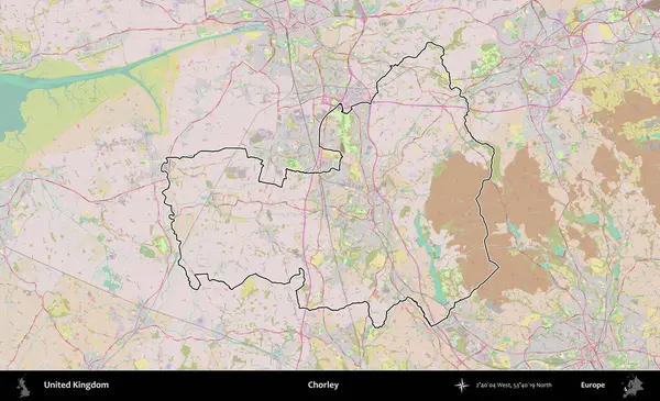 Chorley. Birleşik Krallık 'ın bir OpenStreetMap Standart biçim haritasında özetlenmiş idari alanı
