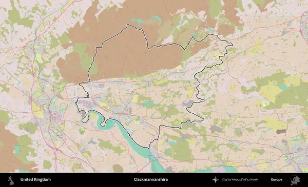 Clackmannanshire. Birleşik Krallık 'ın bir OpenStreetMap Standart biçim haritasında özetlenmiş idari alanı
