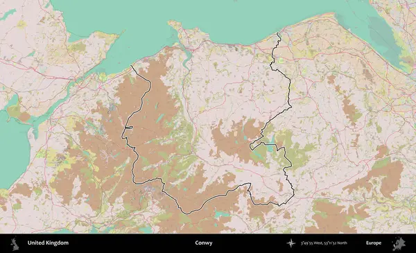 Conwy. Birleşik Krallık 'ın bir OpenStreetMap Standart biçim haritasında özetlenmiş idari alanı