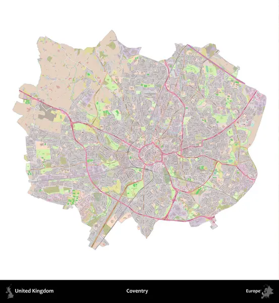 Coventry. Birleşik Krallık 'ın idari alanı OpenStreetMap Standart biçim haritasında beyazda izole edildi