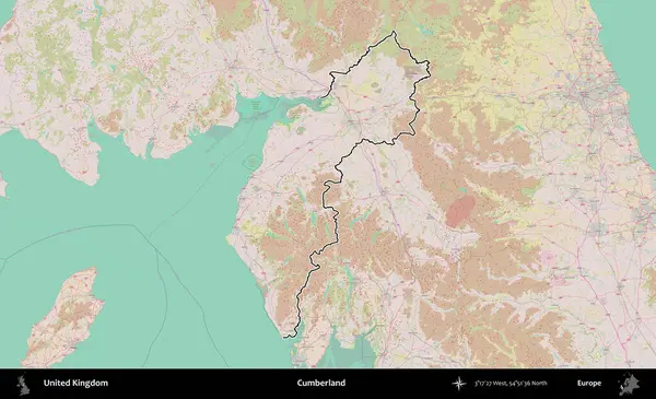 Cumberland. Birleşik Krallık 'ın bir OpenStreetMap Standart biçim haritasında özetlenmiş idari alanı