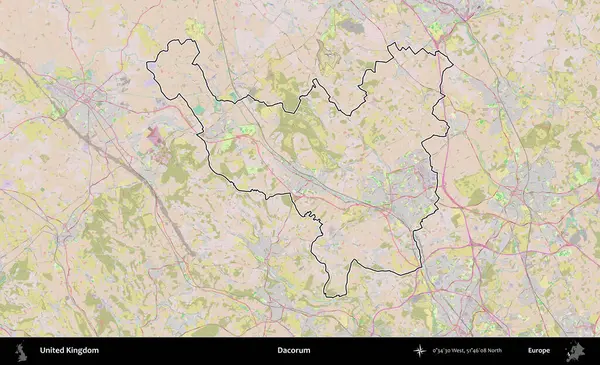 Dacorum. Birleşik Krallık 'ın bir OpenStreetMap Standart biçim haritasında özetlenmiş idari alanı