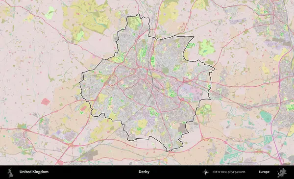 Derbi. Birleşik Krallık 'ın bir OpenStreetMap Standart biçim haritasında özetlenmiş idari alanı