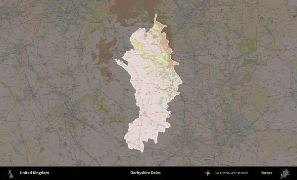Derbyshire Dales. Birleşik Krallık 'ın idari alanı koyu renk bir OpenStreetMap Standart Haritası üzerine vurgulanmış ve özetlenmiştir