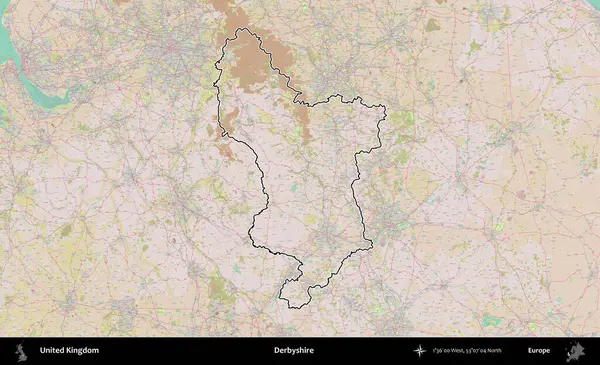 Derbyshire 'da. Birleşik Krallık 'ın bir OpenStreetMap Standart biçim haritasında özetlenmiş idari alanı