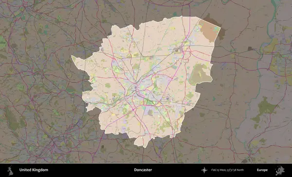 Doncaster 'da. Birleşik Krallık 'ın idari alanı koyu renk bir OpenStreetMap Standart Haritası üzerine vurgulanmış ve özetlenmiştir