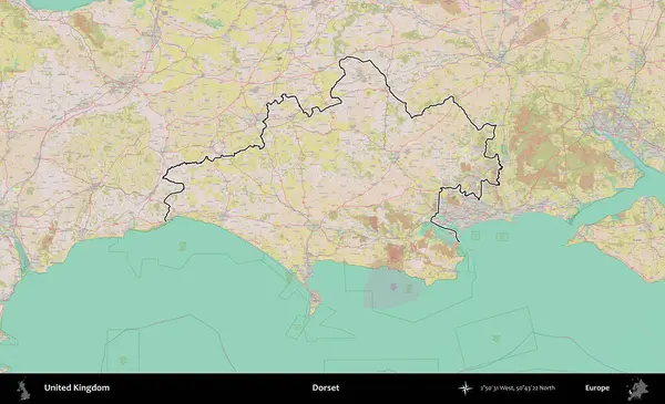 Dorset. Birleşik Krallık 'ın bir OpenStreetMap Standart biçim haritasında özetlenmiş idari alanı
