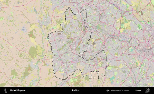 Dudley. Birleşik Krallık 'ın bir OpenStreetMap Standart biçim haritasında özetlenmiş idari alanı