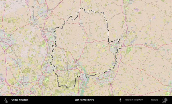 Doğu Hertfordshire. Birleşik Krallık 'ın bir OpenStreetMap Standart biçim haritasında özetlenmiş idari alanı