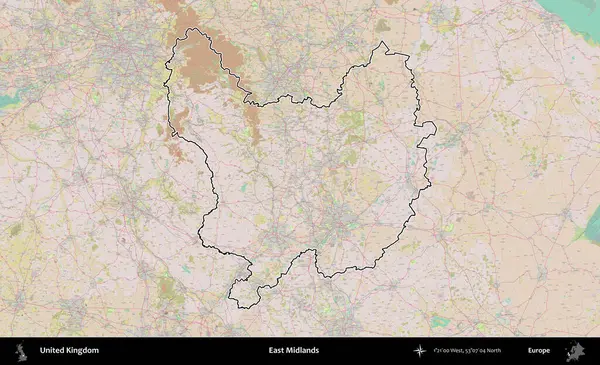 Doğu Midlands. Birleşik Krallık 'ın bir OpenStreetMap Standart biçim haritasında özetlenmiş idari alanı