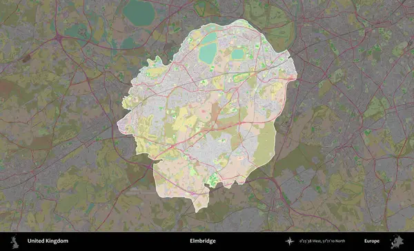 Elmbridge 'de. Birleşik Krallık 'ın idari alanı koyu renk bir OpenStreetMap Standart Haritası üzerine vurgulanmış ve özetlenmiştir