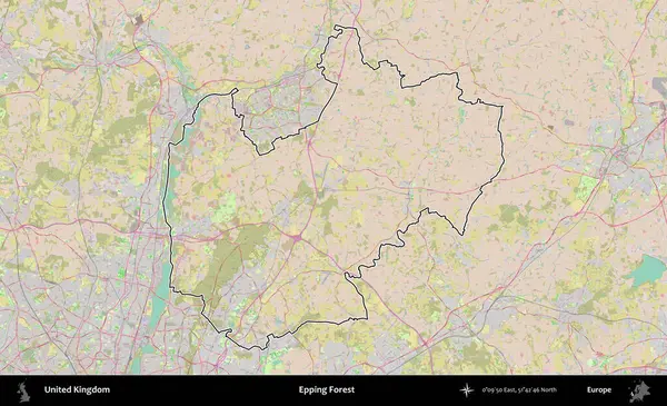 Epping Ormanı. Birleşik Krallık 'ın bir OpenStreetMap Standart biçim haritasında özetlenmiş idari alanı
