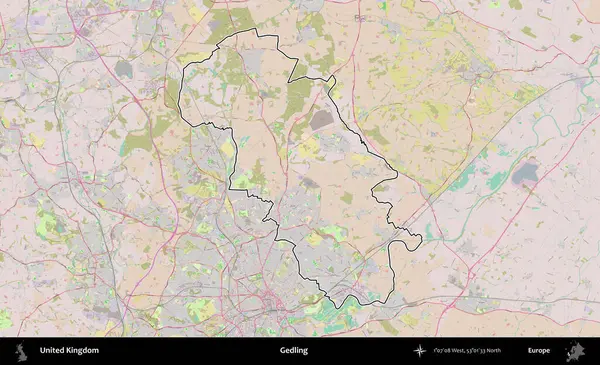 Gedling. Birleşik Krallık 'ın bir OpenStreetMap Standart biçim haritasında özetlenmiş idari alanı