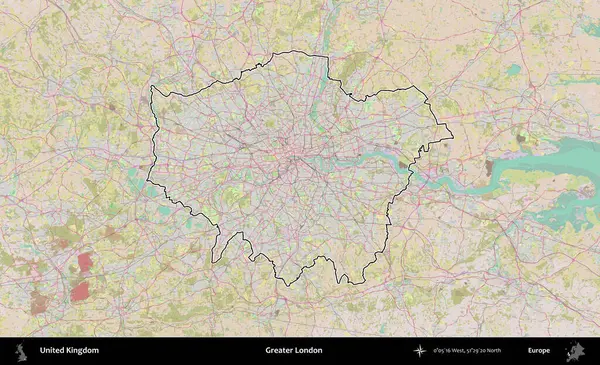 Büyük Londra. Birleşik Krallık 'ın bir OpenStreetMap Standart biçim haritasında özetlenmiş idari alanı