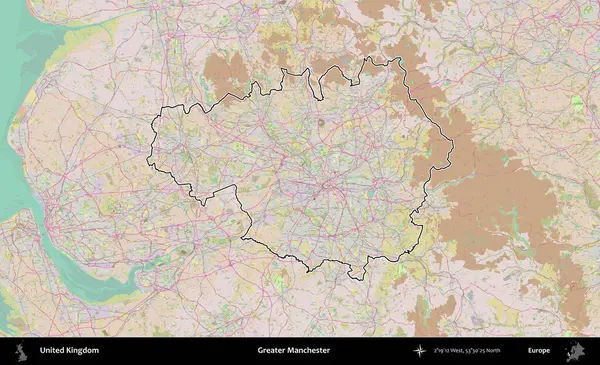 Daha büyük Manchester. Birleşik Krallık 'ın bir OpenStreetMap Standart biçim haritasında özetlenmiş idari alanı