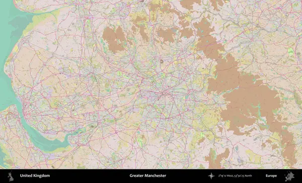 Daha büyük Manchester. OpenStreetMap Standart biçim haritasında Birleşik Krallık 'ın idari alanı