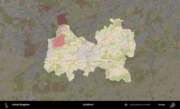 Guildford. Birleşik Krallık 'ın idari alanı koyu renk bir OpenStreetMap Standart Haritası üzerine vurgulanmış ve özetlenmiştir