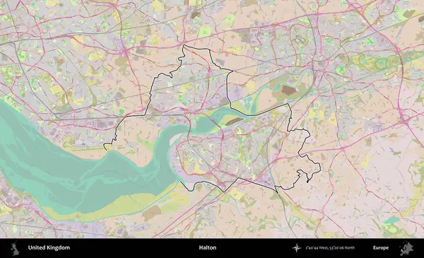 Halton. Birleşik Krallık 'ın bir OpenStreetMap Standart biçim haritasında özetlenmiş idari alanı