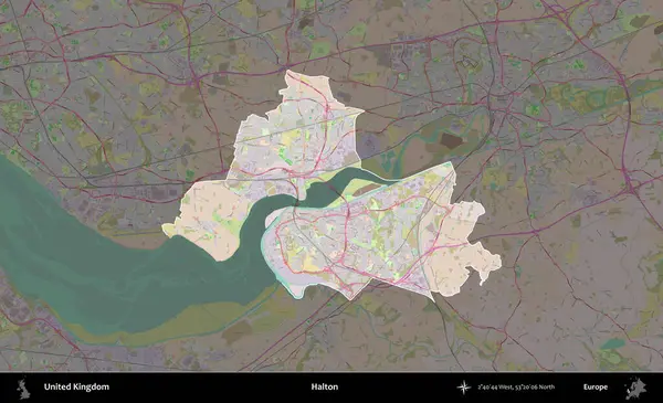 Halton. Birleşik Krallık 'ın idari alanı koyu renk bir OpenStreetMap Standart Haritası üzerine vurgulanmış ve özetlenmiştir