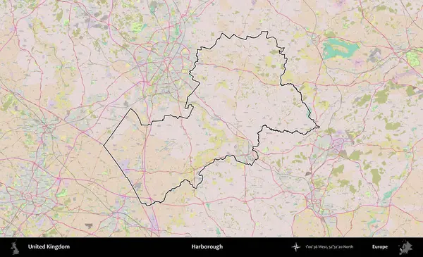 Harborough 'da. Birleşik Krallık 'ın bir OpenStreetMap Standart biçim haritasında özetlenmiş idari alanı