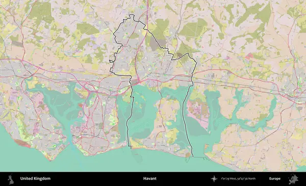 Havant. Birleşik Krallık 'ın bir OpenStreetMap Standart biçim haritasında özetlenmiş idari alanı