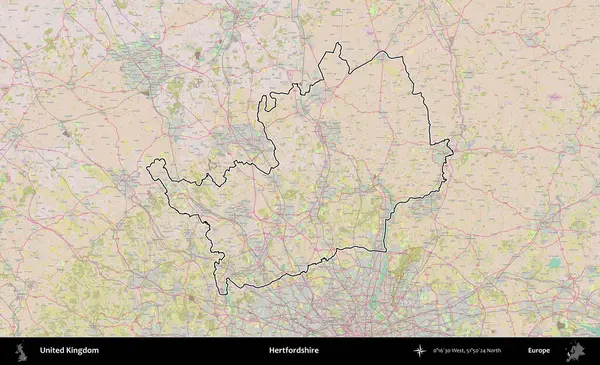 Hertfordshire 'da. Birleşik Krallık 'ın bir OpenStreetMap Standart biçim haritasında özetlenmiş idari alanı