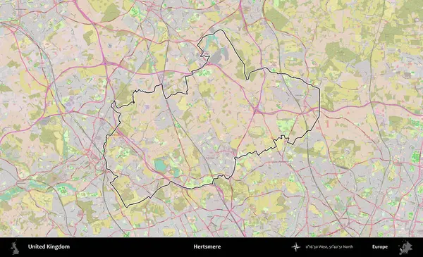 Hertsmere. Birleşik Krallık 'ın bir OpenStreetMap Standart biçim haritasında özetlenmiş idari alanı