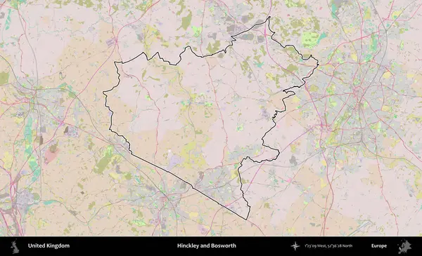 Hinckley ve Bosworth. Birleşik Krallık 'ın bir OpenStreetMap Standart biçim haritasında özetlenmiş idari alanı