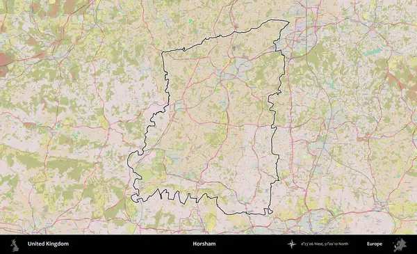 Horsham. Birleşik Krallık 'ın bir OpenStreetMap Standart biçim haritasında özetlenmiş idari alanı