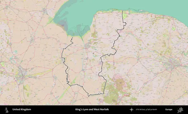 King 's Lynn ve West Norfolk. Birleşik Krallık 'ın bir OpenStreetMap Standart biçim haritasında özetlenmiş idari alanı