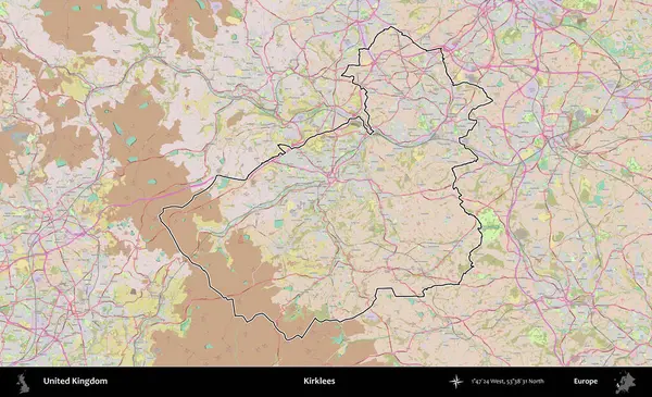 Kirklees. Birleşik Krallık 'ın bir OpenStreetMap Standart biçim haritasında özetlenmiş idari alanı