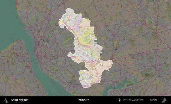 Knowsley. Birleşik Krallık 'ın idari alanı koyu renk bir OpenStreetMap Standart Haritası üzerine vurgulanmış ve özetlenmiştir