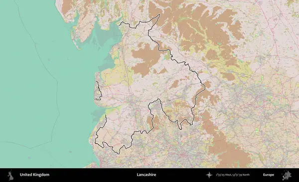 Lancashire. Birleşik Krallık 'ın bir OpenStreetMap Standart biçim haritasında özetlenmiş idari alanı