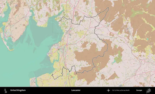 Lancaster. Birleşik Krallık 'ın bir OpenStreetMap Standart biçim haritasında özetlenmiş idari alanı
